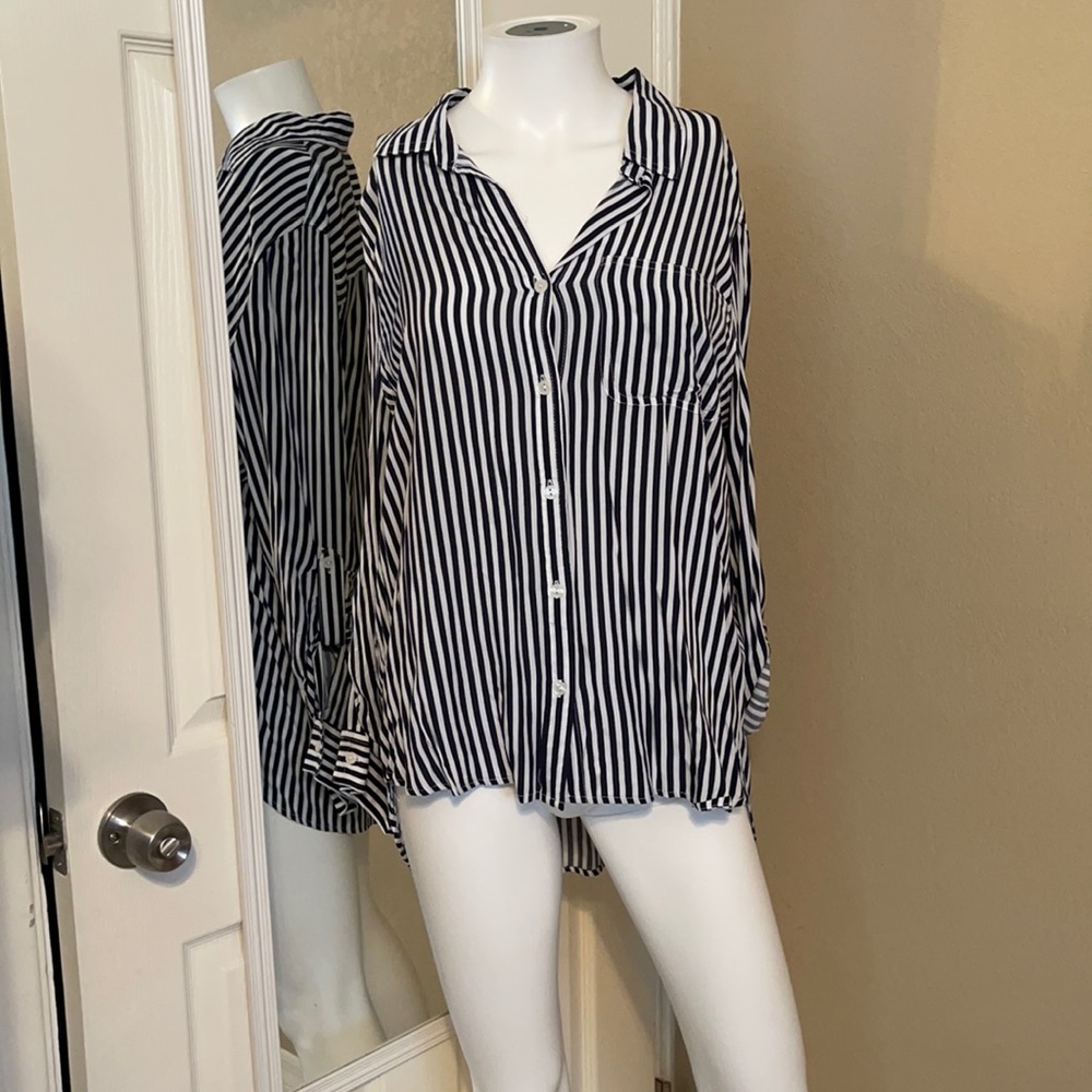 Navy blue and white pin stripe button up blouse